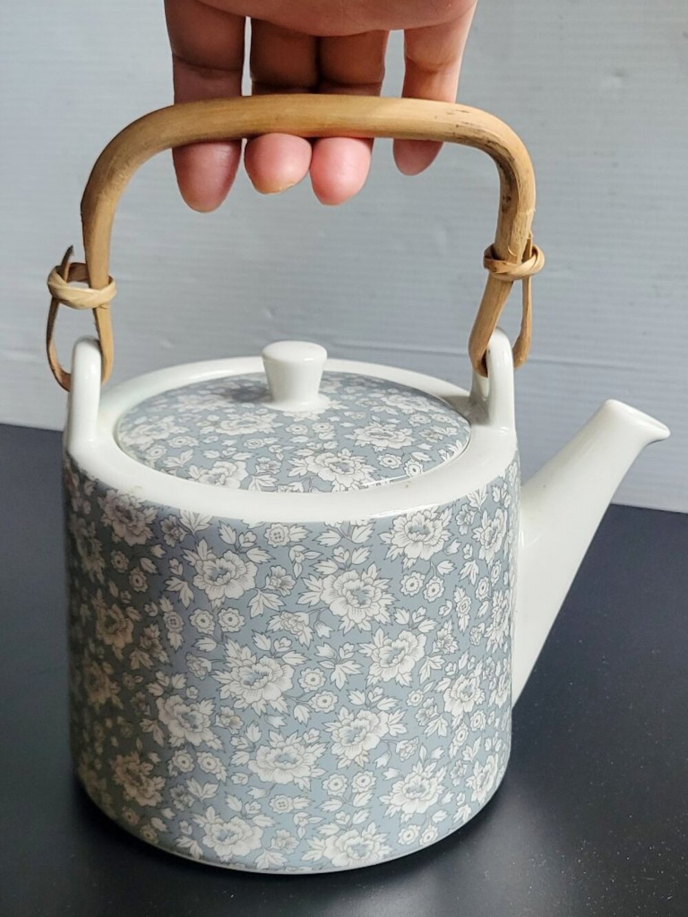 H&M Home Porcelain Tea Coffee Pot ~ Light Blue mini Rose Flower ~ 50 oz ~ EUC